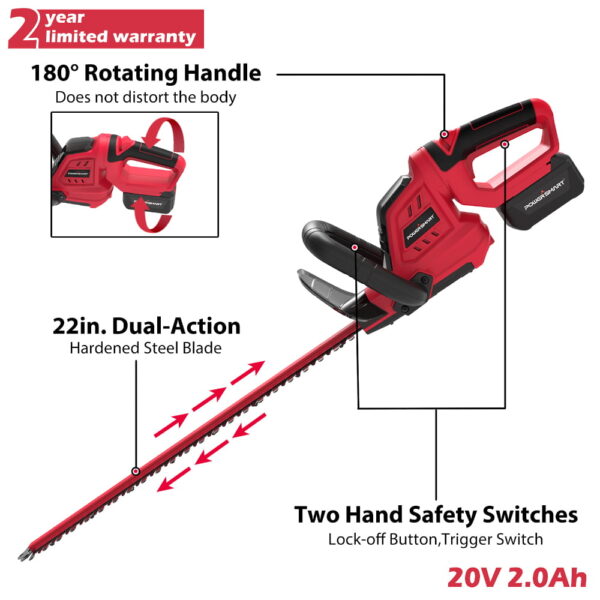 20V Lithium-Ion Cordless 22 inch Hedge Trimmer, PS76106A 2.0 Ah Battery and Charger Included - Image 2