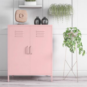 Novogratz Cache 2 Door Metal Locker Style Storage Accent Cabinet, Bashful Pink