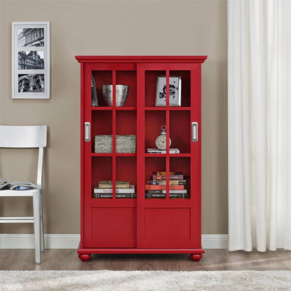Home Arron Lane Bookcase with Sliding Glass Doors-Finish, Red