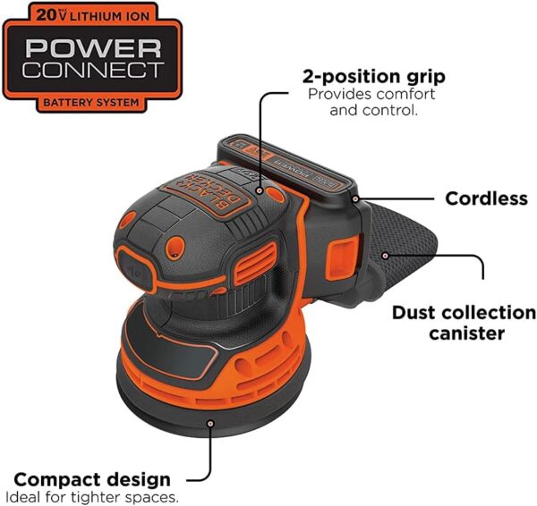 20V MAX Orbital Sander, Cordless, 12,000 OPM, 2 Sandpaper Sheets, Battery and Charger Included (BDCRO20C) - Image 2