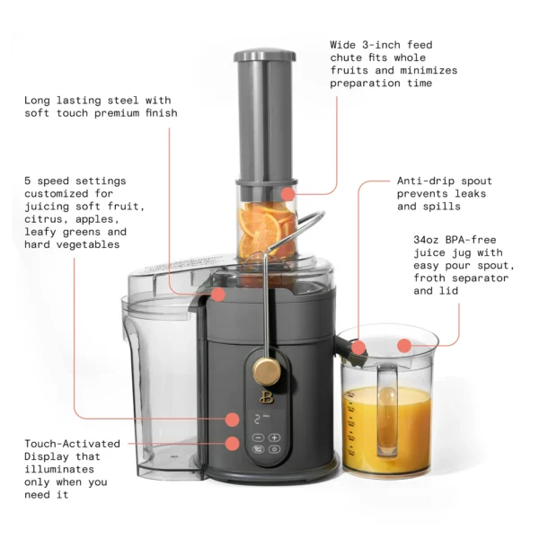 Beautiful 5-Speed Juice Extractor with Touch Activated Display, Oyster Grey, - Image 3