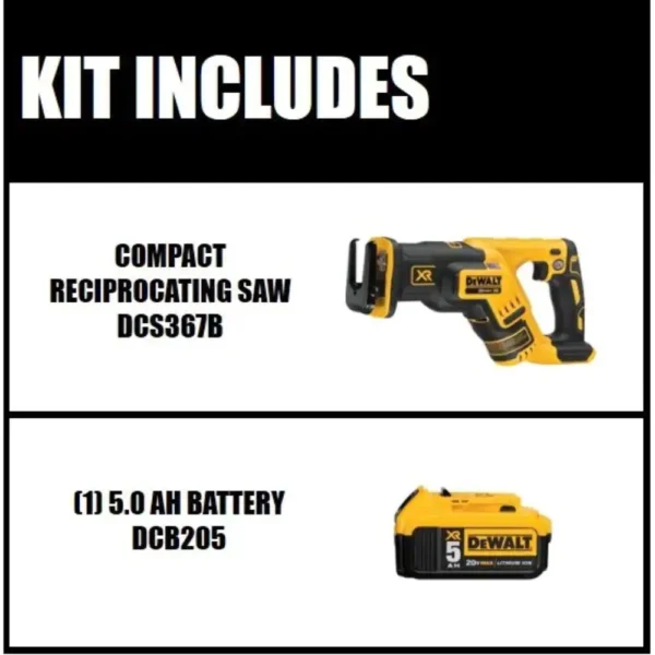 DCS367BW205 20-Volt MAX XR Cordless Brushless Compact Reciprocating Saw with (1) 20-Volt Battery 5.0Ah - Image 2