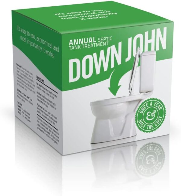 Down John (Once-A-Year) Septic Tank Treatment | 1 Year Supply | Eco-Friendly Product, 3-Part Concentrate Live Bacteria, Carbon   Enzyme Flush Treatment | Odor Neutralizer   Septic Drain Field Cleaner | Cleans Lines   Improves Field Absorption