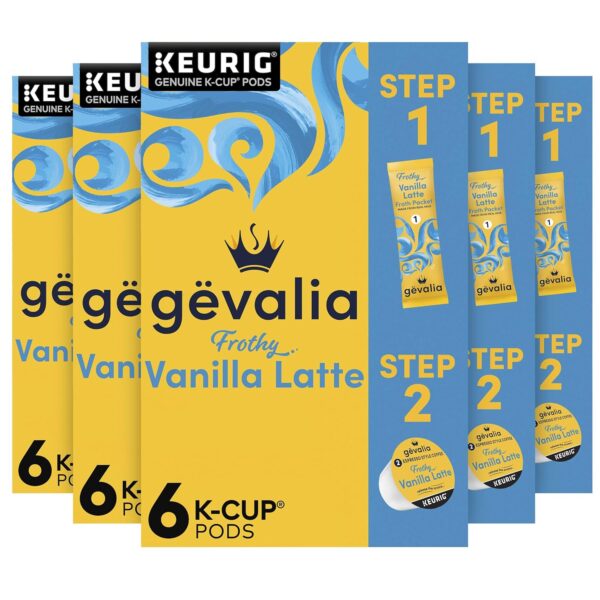 Gevalia Frothy 2-Step Vanilla Latte Espresso K-Cup Coffee Pods   Froth Packets Kit, 6 Count (Pack of 6)