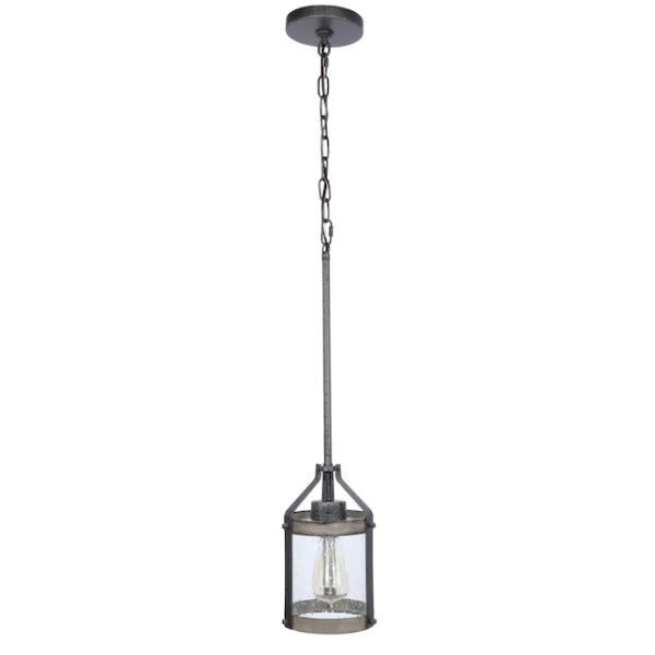 34810 Barrington Anvil Iron and Distressed Antique Grey Rustic Seeded Glass Cylinder Mini Pendant Light