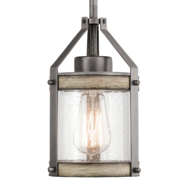 34810 Barrington Anvil Iron and Distressed Antique Grey Rustic Seeded Glass Cylinder Mini Pendant Light - Image 3