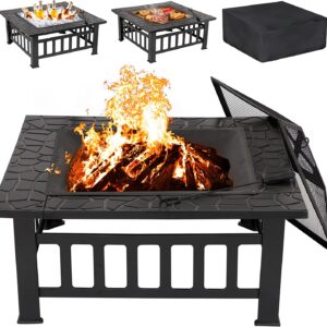 LEMY 32 inch Outdoor Fire Pit Square Metal Firepit Backyard Patio Garden Stove Wood Burning Fire Pit W/Rain Cover, Faux-Stone Finish
