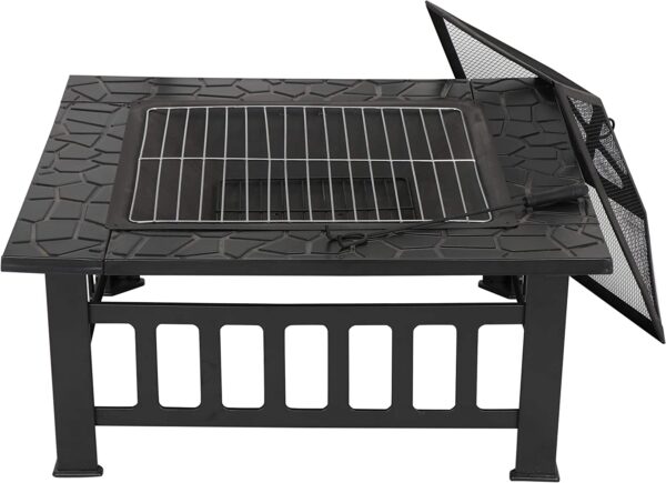 LEMY 32 inch Outdoor Fire Pit Square Metal Firepit Backyard Patio Garden Stove Wood Burning Fire Pit W/Rain Cover, Faux-Stone Finish - Image 3
