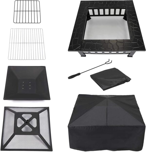 LEMY 32 inch Outdoor Fire Pit Square Metal Firepit Backyard Patio Garden Stove Wood Burning Fire Pit W/Rain Cover, Faux-Stone Finish - Image 4