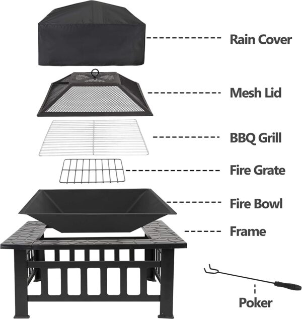 LEMY 32 inch Outdoor Fire Pit Square Metal Firepit Backyard Patio Garden Stove Wood Burning Fire Pit W/Rain Cover, Faux-Stone Finish - Image 5