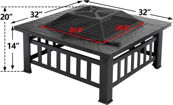 LEMY 32 inch Outdoor Fire Pit Square Metal Firepit Backyard Patio Garden Stove Wood Burning Fire Pit W/Rain Cover, Faux-Stone Finish - Image 6