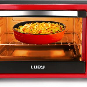 Convection Toaster Oven with Timer, Toast, Broil Settings, Includes Baking Pan, Rack and Crumb Tray, 6-Slice, Red