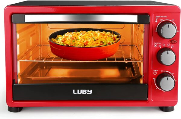 Convection Toaster Oven with Timer, Toast, Broil Settings, Includes Baking Pan, Rack and Crumb Tray, 6-Slice, Red