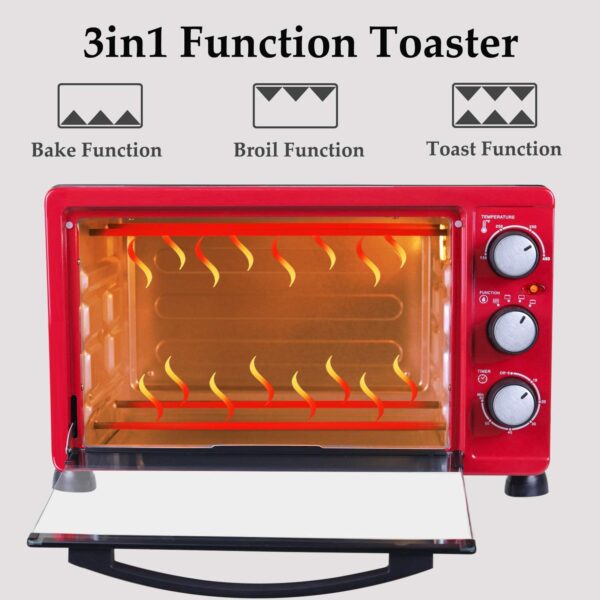 Convection Toaster Oven with Timer, Toast, Broil Settings, Includes Baking Pan, Rack and Crumb Tray, 6-Slice, Red - Image 3