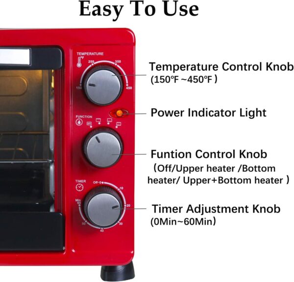 Convection Toaster Oven with Timer, Toast, Broil Settings, Includes Baking Pan, Rack and Crumb Tray, 6-Slice, Red - Image 5