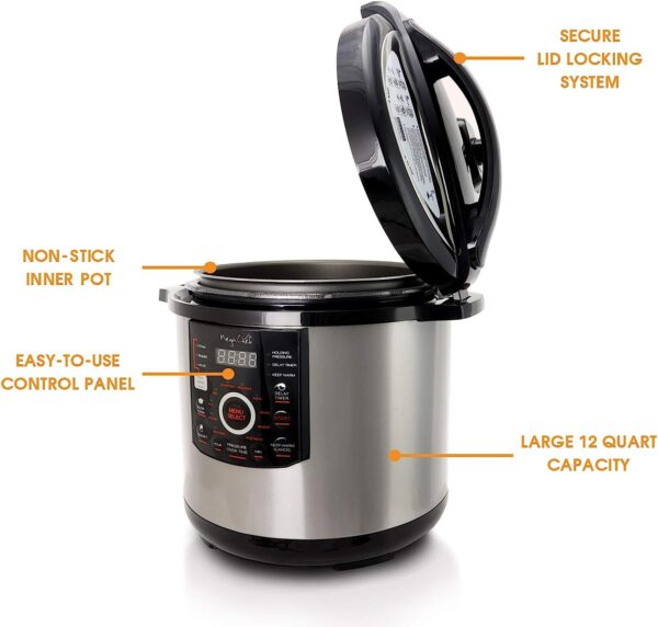 12 Quart Digital Pressure Cooker with 15 Preset Options and Glass Lid, Silver - Image 7