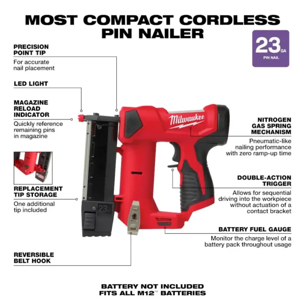 2540-20-48-11-2411 M12 12-Volt 23-Gauge Lithium-Ion Cordless Pin Nailer with Two M12 12-Volt 1.5 Ah Lithium-Ion Compact Battery Packs - Image 4