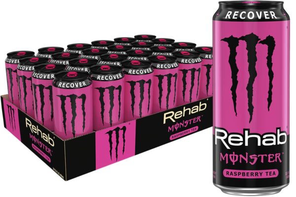 Monster Energy Rehab Raspberry Tea + Energy, Energy Iced Tea, 15.5 Ounce (Pack of 24)