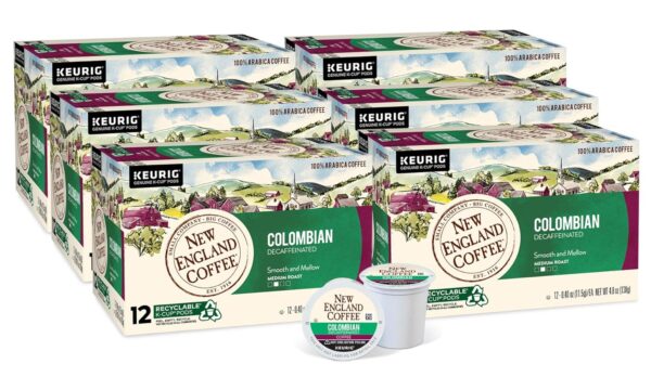 New England Coffee Colombian Decaffeinated Medium Roast Single Serve Pods, 12ct Box (Pack of 6)