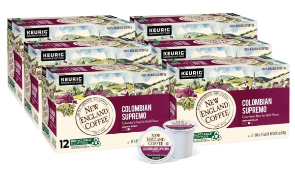 New England Coffee Colombian Supremo Medium Roast Single Serve Pods, 12ct Box (Pack of 6)