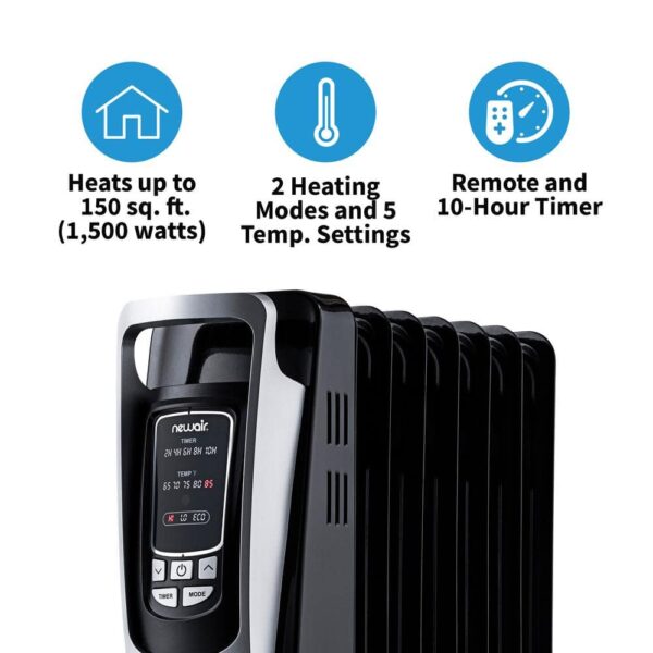 AH-450B Portable1500-Watt Electric Oil-Filled Silent Radiator Heater with Energy Efficient Operation Cover 150 sq. ft.   Black - Image 4