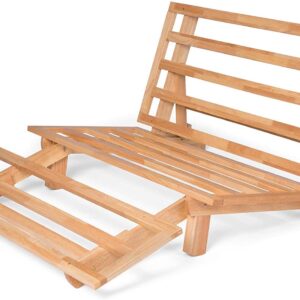 Tri-Fold Wood Futon Frame Full Size Sofa Bed Lounger   (Affordable Space Saver, Natural Finish) Ideal for Small Spaces, RVs, and Dorm Rooms