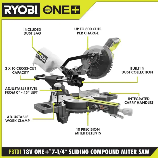 PBT01B-P321  18V Cordless 2-Tool Combo Kit with 7-1/4 in. Sliding Compound Miter Saw and  Brad Nailer (Tools Only) - Image 3