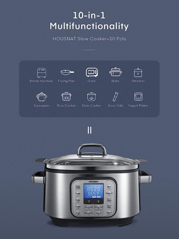 Slow Cooker, 10 in 1 Programmable Cooker, 6Qt Stainless Steel, Rice Cooker, Yogurt Maker, Delay Start, ing Rack and Glass Lid, Adjustable Temp Time for Slow Cook with Digital Timer - Image 2