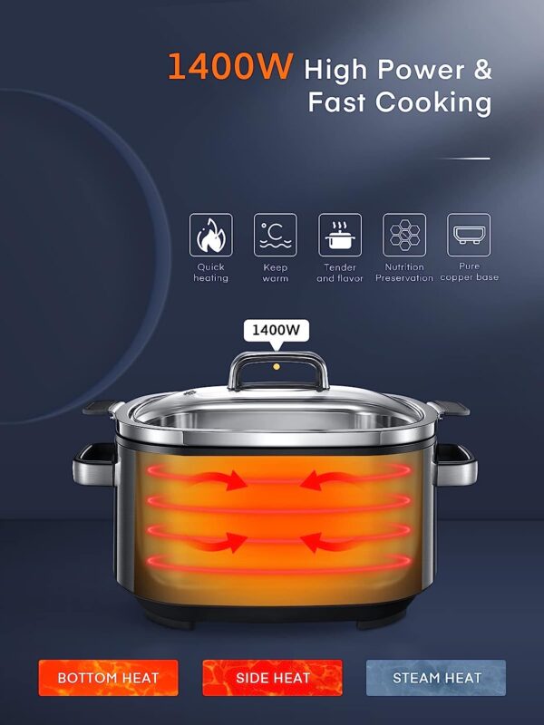 Slow Cooker, 10 in 1 Programmable Cooker, 6Qt Stainless Steel, Rice Cooker, Yogurt Maker, Delay Start, ing Rack and Glass Lid, Adjustable Temp Time for Slow Cook with Digital Timer - Image 7