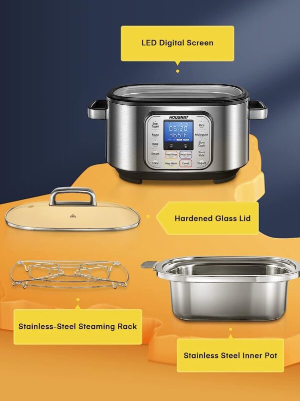 Slow Cooker, 10 in 1 Programmable Cooker, 6Qt Stainless Steel, Rice Cooker, Yogurt Maker, Delay Start, ing Rack and Glass Lid, Adjustable Temp Time for Slow Cook with Digital Timer - Image 5