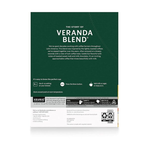 Starbucks K-Cup Coffee Pods, Starbucks Blonde Roast Coffee, Veranda Blend for Keurig Brewers, 100% Arabica, 4 boxes (96 pods total) - Image 7