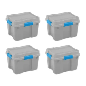 20 Gallon Plastic Home Storage Container Tote Box, Gray/Blue, (4 Pack)