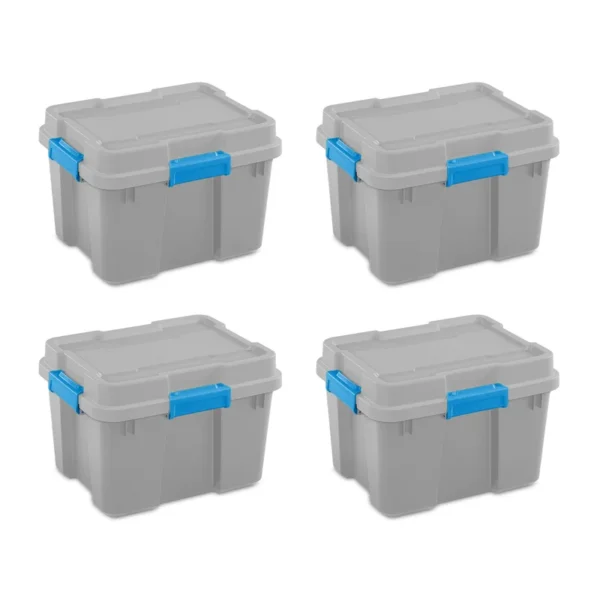 20 Gallon Plastic Home Storage Container Tote Box, Gray/Blue, (4 Pack)