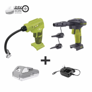 Sun Joe 24V-AJC-AJV-LTE 24V iON+ High Volume Inflator   Portable Air Compressor Kit | w/ 2.0-Ah Battery + Charger, Storage Bag, 3 Inflation Adapters, and Nozzle Pin Attachments