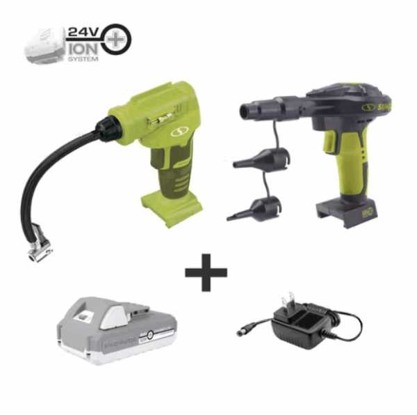 Sun Joe 24V-AJC-AJV-LTE 24V iON+ High Volume Inflator   Portable Air Compressor Kit | w/ 2.0-Ah Battery + Charger, Storage Bag, 3 Inflation Adapters, and Nozzle Pin Attachments