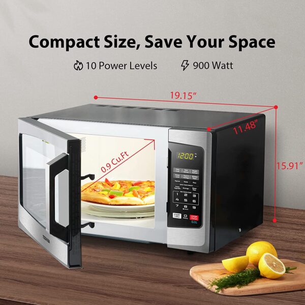 EM925A5A-SS Countertop Microwave Oven, 0.9 Cu Ft With 10.6 Inch Removable Turntable, 900W, 6 Auto Menus, Mute Function   ECO Mode, Child Lock, LED Lighting, Stainless Steel - Image 5