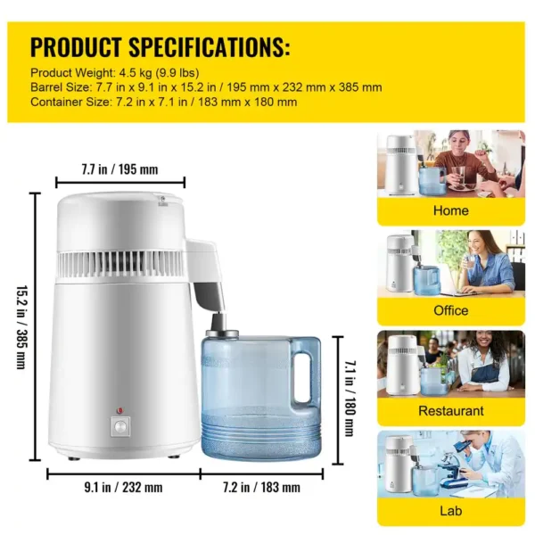 Water Distiller 750 Watt Purifier Filter 1.1 Gal. Fully Upgraded Distilling Pure Water Machine with Handle, White - Image 2