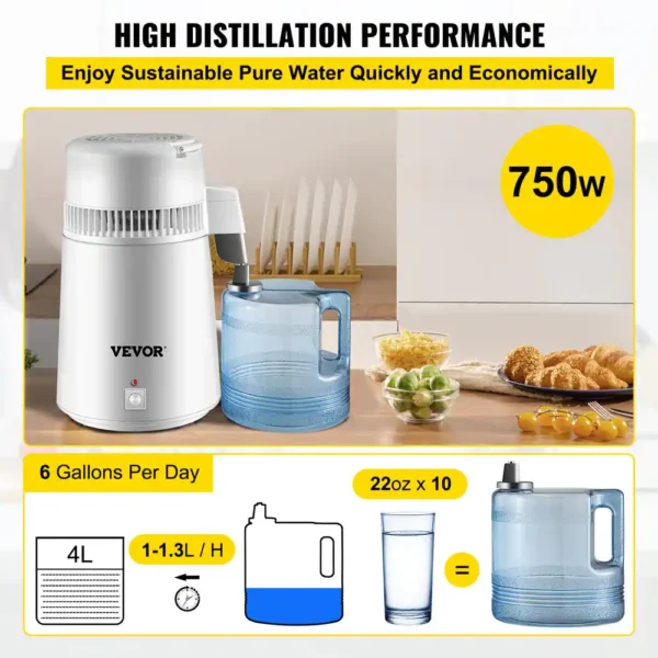 Water Distiller 750 Watt Purifier Filter 1.1 Gal. Fully Upgraded Distilling Pure Water Machine with Handle, White - Image 5
