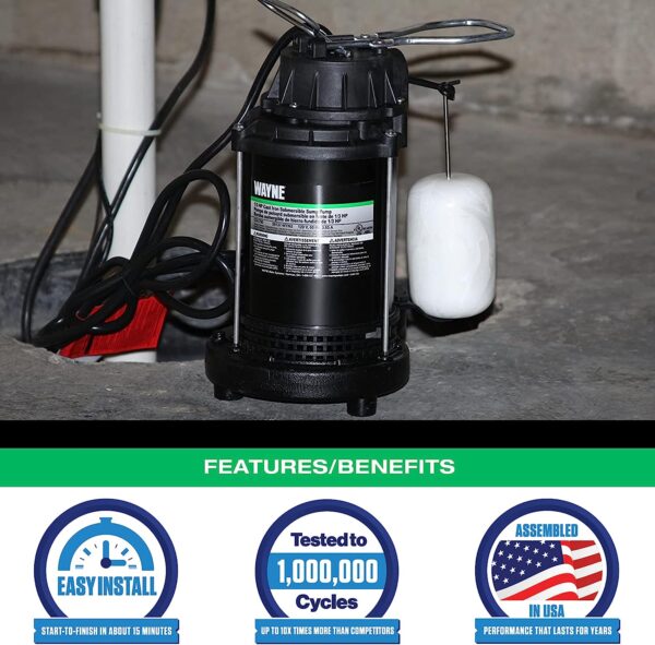 CDU790   1/3 HP Submersible Cast Iron and Stainless Steel Sump Pump with Integrated Vertical Float Switch   Up to 4,600 Gallons Per Hour   Heavy Duty Basement Sump Pump , Black - Image 2