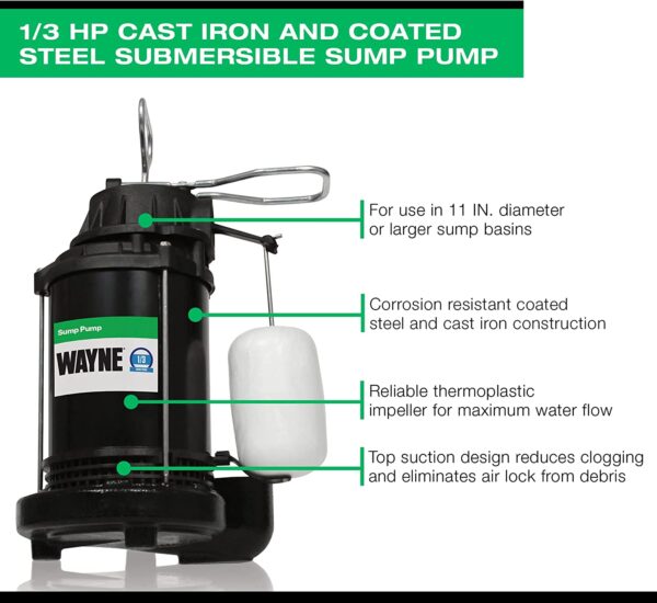 CDU790   1/3 HP Submersible Cast Iron and Stainless Steel Sump Pump with Integrated Vertical Float Switch   Up to 4,600 Gallons Per Hour   Heavy Duty Basement Sump Pump , Black - Image 6