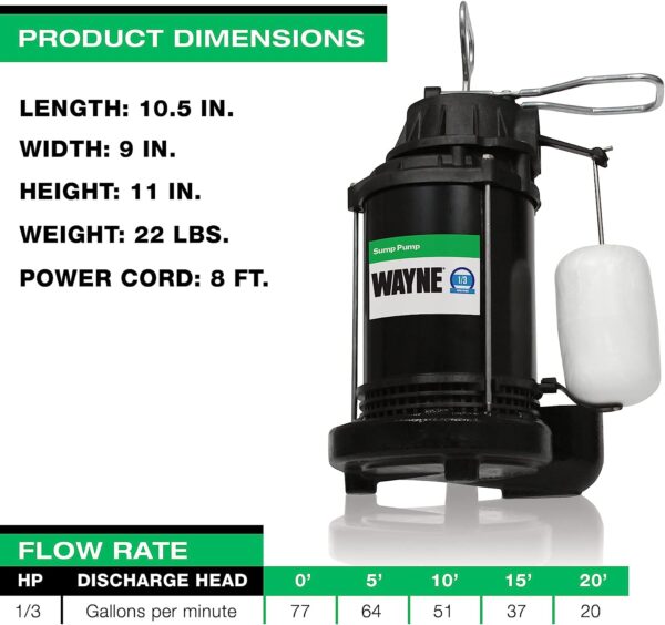 CDU790   1/3 HP Submersible Cast Iron and Stainless Steel Sump Pump with Integrated Vertical Float Switch   Up to 4,600 Gallons Per Hour   Heavy Duty Basement Sump Pump , Black - Image 4