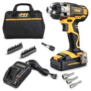 MOTORHEAD 20V ULTRA Cordless Impact Driver Kit, Lithium-Ion, ?? All-Metal Hex Chuck, Tri-Beam LED, Variable Speed Trigger, 2Ah Battery   Quick Charger, Bag, 16 Accessory Bits, 3 Nut Drivers, USA-Based