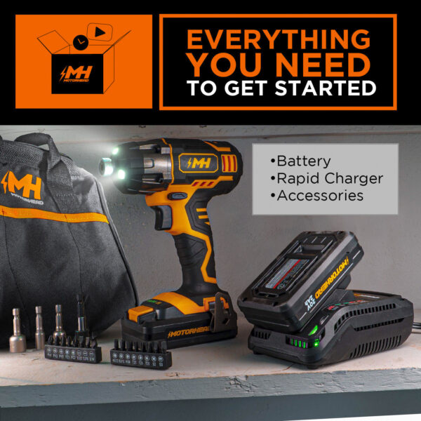 MOTORHEAD 20V ULTRA Cordless Impact Driver Kit, Lithium-Ion, ?? All-Metal Hex Chuck, Tri-Beam LED, Variable Speed Trigger, 2Ah Battery   Quick Charger, Bag, 16 Accessory Bits, 3 Nut Drivers, USA-Based - Image 3