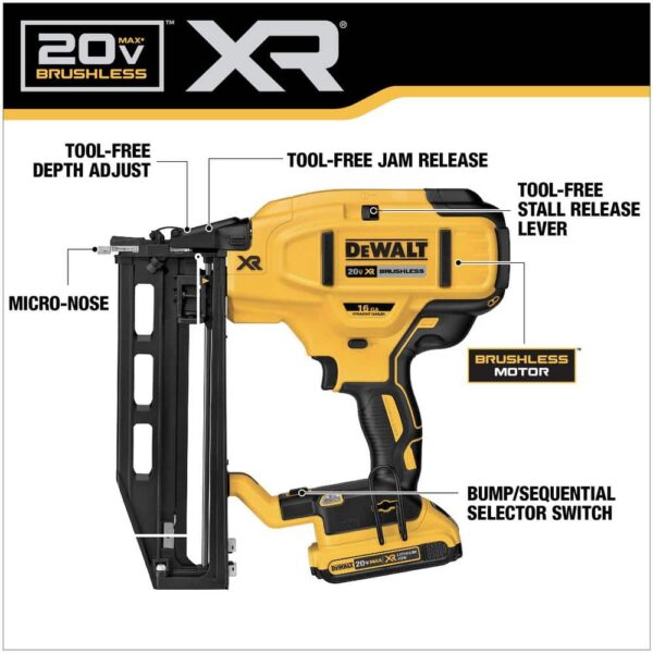 DCN662D1 20V MAX XR Lithium-Ion 16-Gauge Cordless Finish Nailer Kit with 2.0Ah Battery, Charger and Kit Bag - Image 3