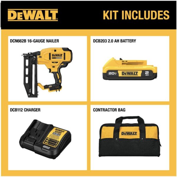 DCN662D1 20V MAX XR Lithium-Ion 16-Gauge Cordless Finish Nailer Kit with 2.0Ah Battery, Charger and Kit Bag - Image 2