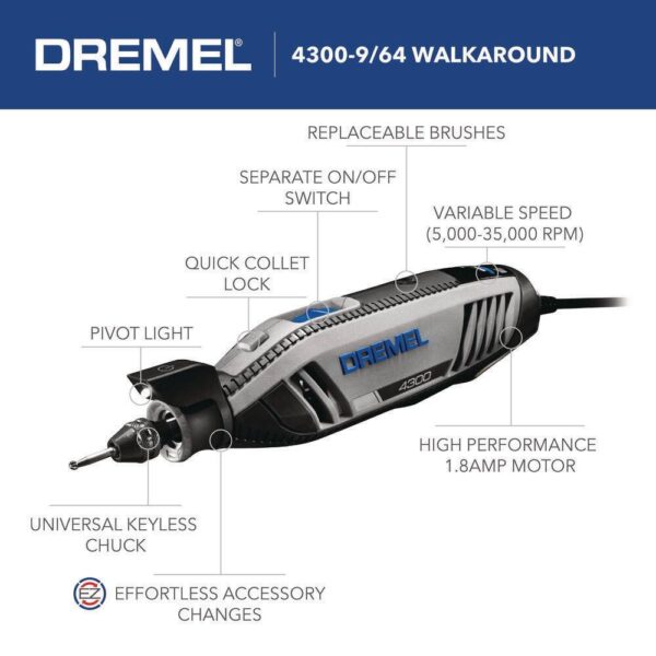 4300-9/64 4300 Series 1.8 Amp Variable Speed Corded Rotary Tool Kit with Mounted Light, 64 Accessories, 9 Attachments and Case - Image 4