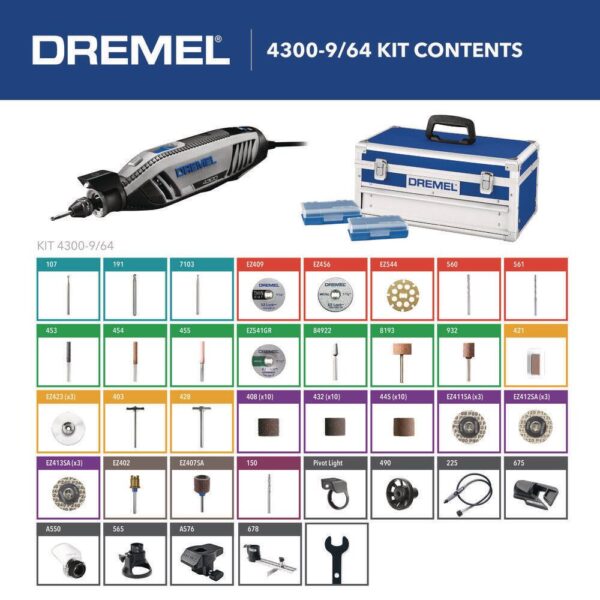 4300-9/64 4300 Series 1.8 Amp Variable Speed Corded Rotary Tool Kit with Mounted Light, 64 Accessories, 9 Attachments and Case - Image 2