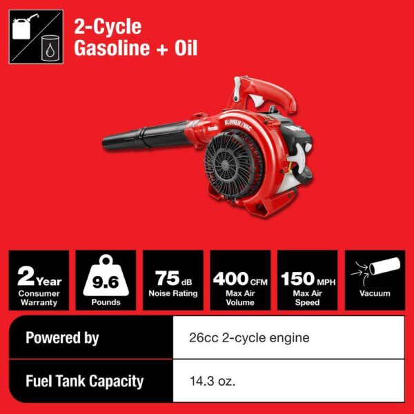 Homelite UT26HBV 150 MPH 400 CFM 26cc Gas Handheld Blower Vacuum - Image 3