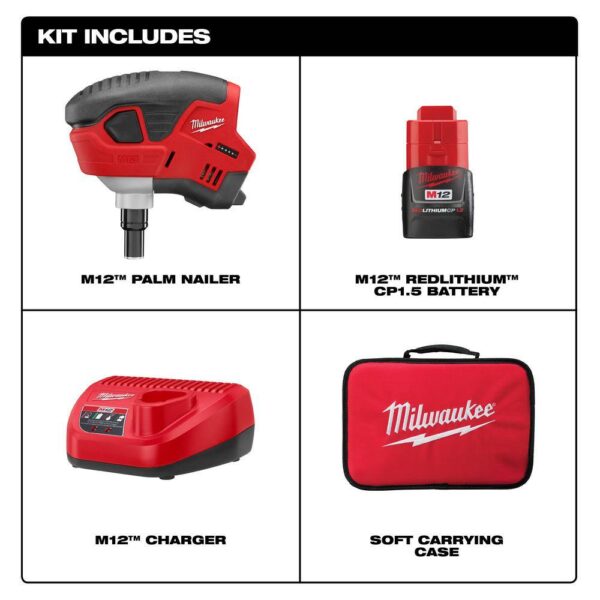 2458-21 M12 12-Volt Lithium-Ion Cordless Palm Nailer Kit with One 1.5Ah Battery, Charger and Tool Bag - Image 2