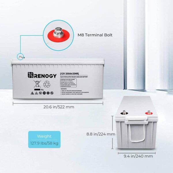 Renogy BATT-AGM12-200 Deep Cycle AGM Battery 12-Volt 200Ah Safe Charge Most Home Appliances for RV, Off-Grid Solar System, Maintenance-Free - Image 2